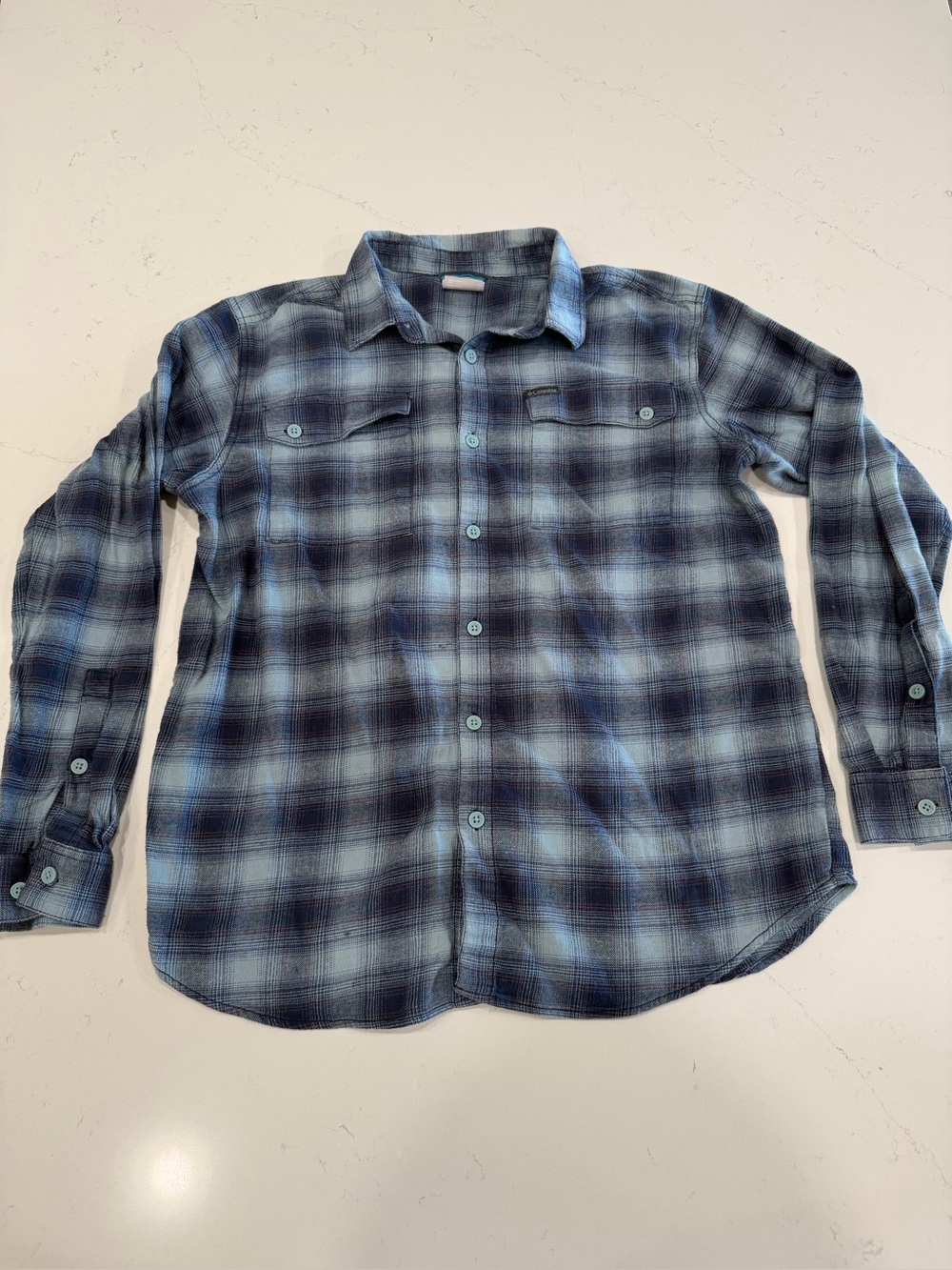 Columbia Blue and Navy Plaid Casual Button-Down Flannel Shirt - Large